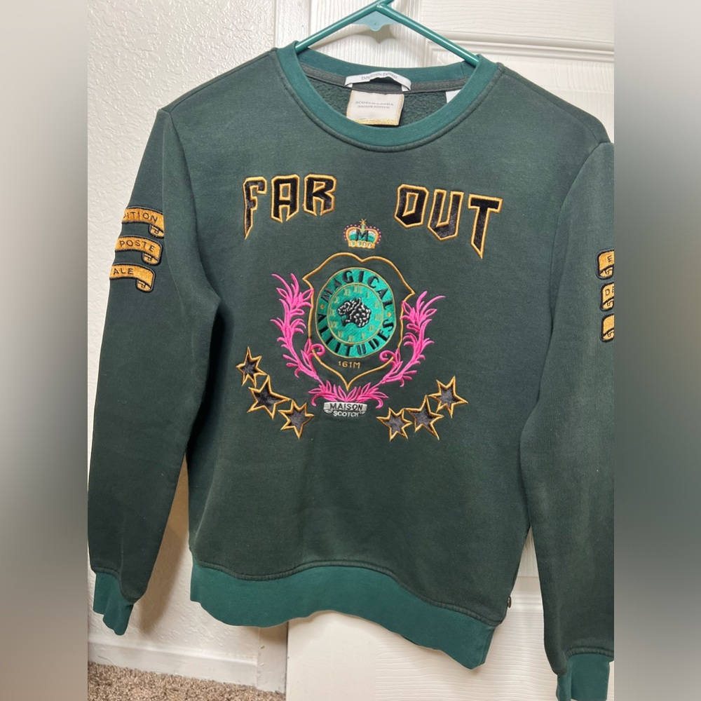 Scotch & Soda Far Out Green Crewneck Embroidered Sweater Sweatshirt Size XS Used